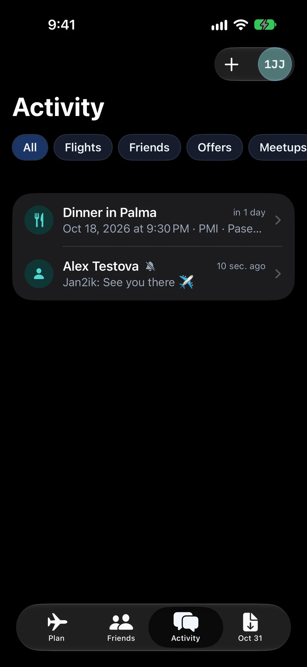Aktivitäten-Testansicht mit Einladung zum Abendessen und Nachricht von Demokontakt Alex Testova