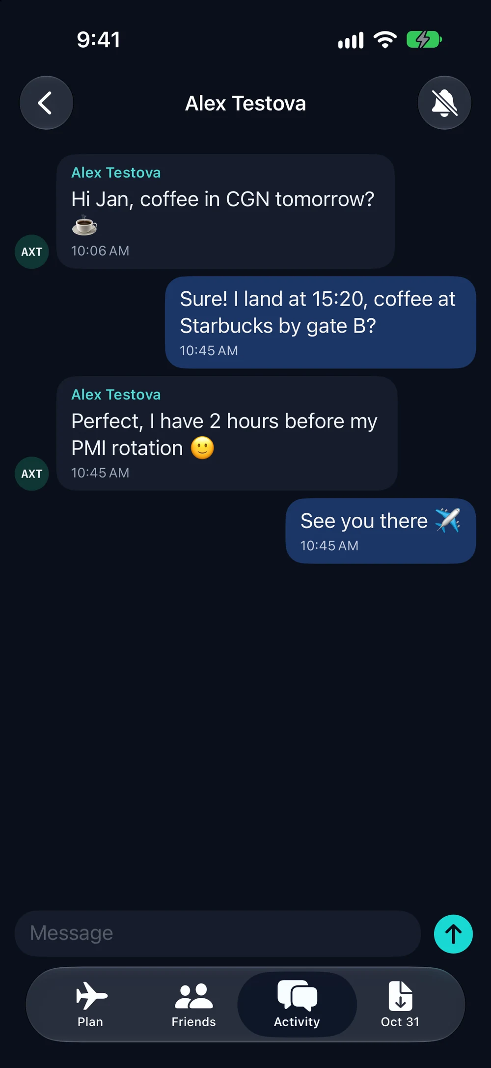 Demo-Chat mit Alex Testova zur Verabredung auf einen Kaffee zwischen Flügen