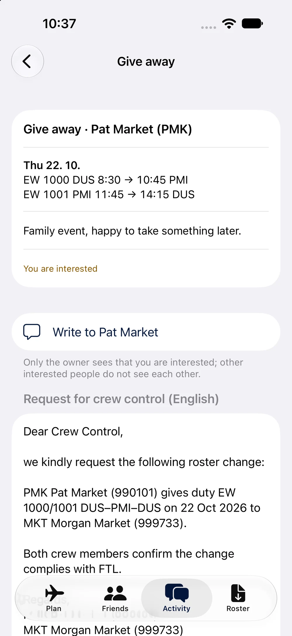 Prototyp eines Antrags an Crew Control mit fiktiven Personaldaten für eine Dienständerung