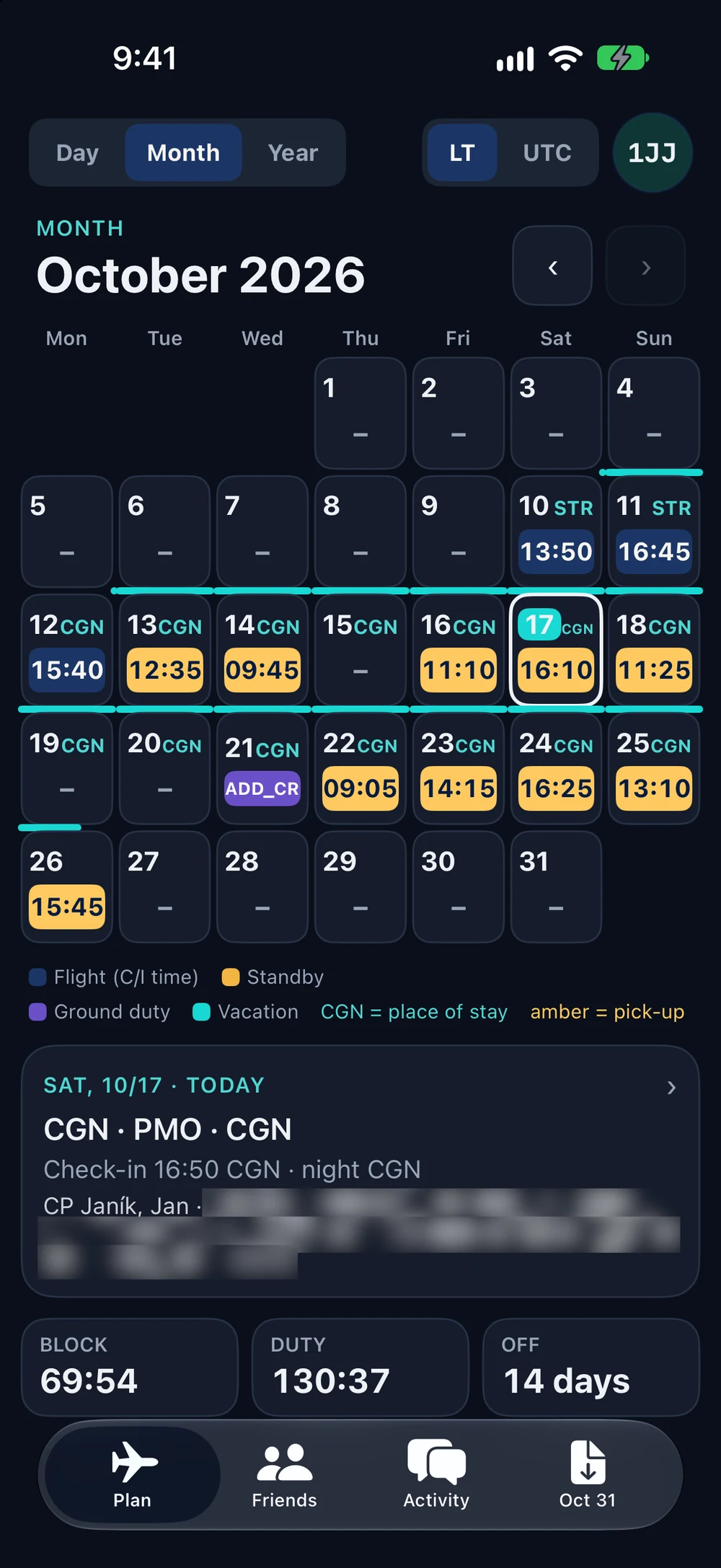 Monatsplan mit Check-in, Abholzeiten, freien Tagen und Summen